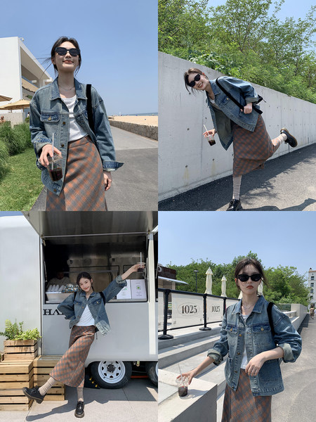 Woman wearing a denim jacket and plaid skirt in outdoor lifestyle photos