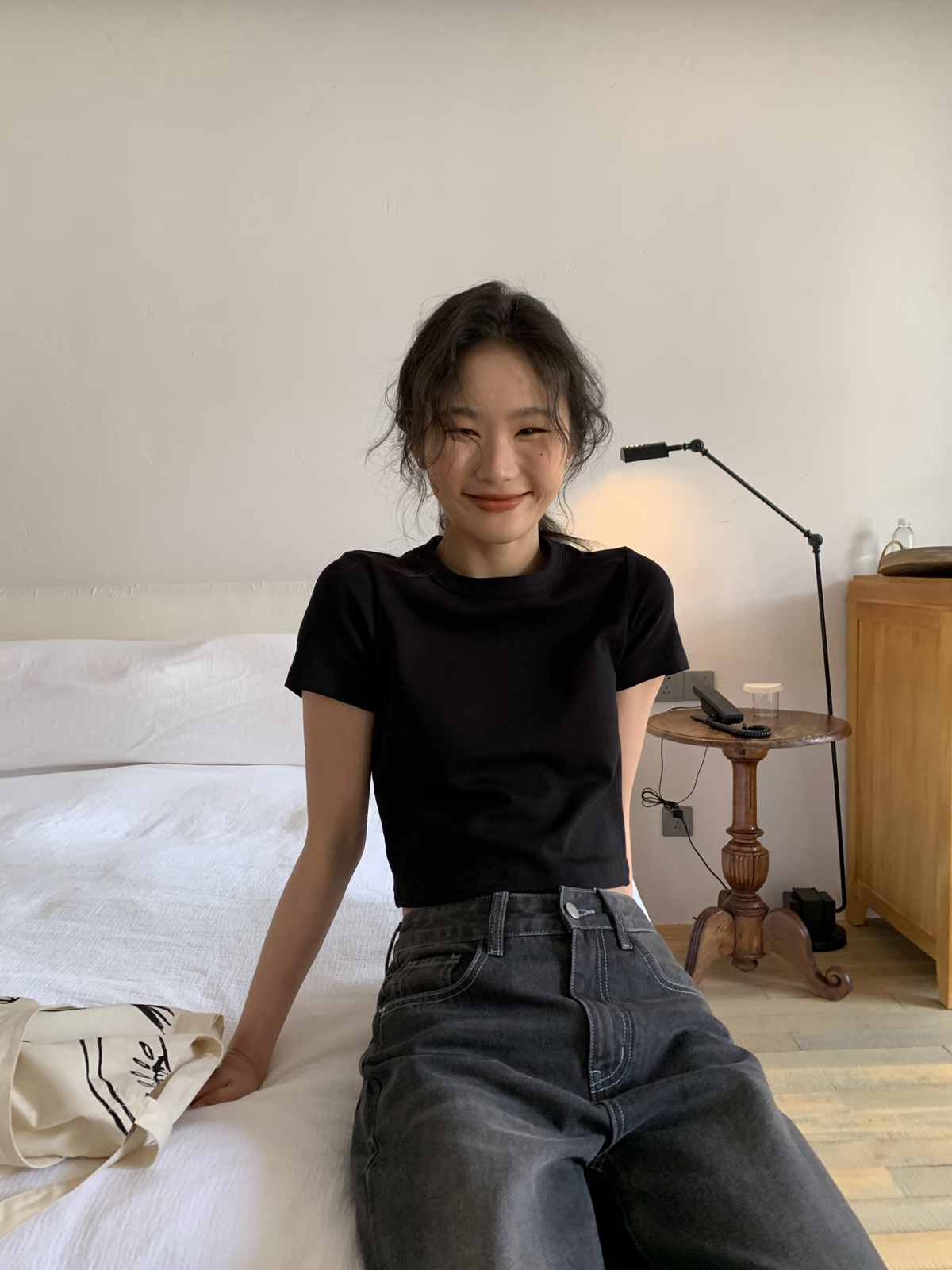 你好卡农 圆领短袖t恤女夏季2023年新款简约修身纯棉正肩短款上衣
