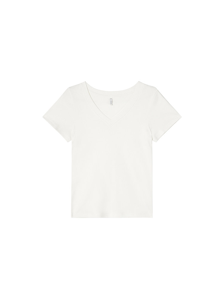 White V-neck short sleeve T-shirt laid flat on a white background