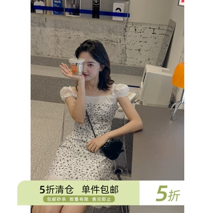 碎花拼纱方领连衣裙女法式 夏季 复古A字中长裙 你好卡农 2022新款