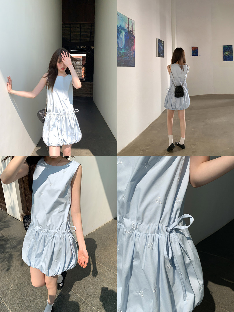 Light blue sleeveless gathered dress worn by a model in a collage of product photos.