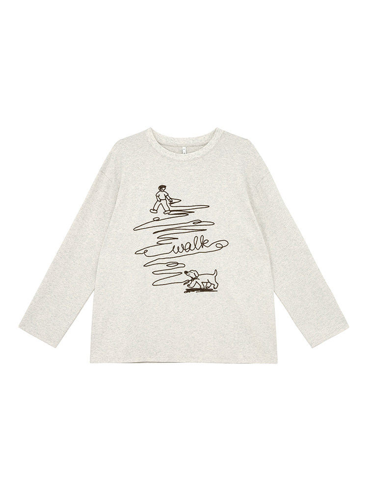 Light gray long-sleeve graphic shirt laid flat on a white background