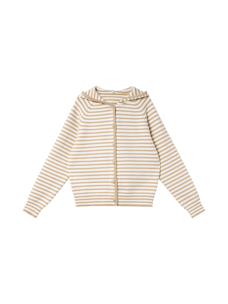Beige and white striped button-up cardigan on a white background