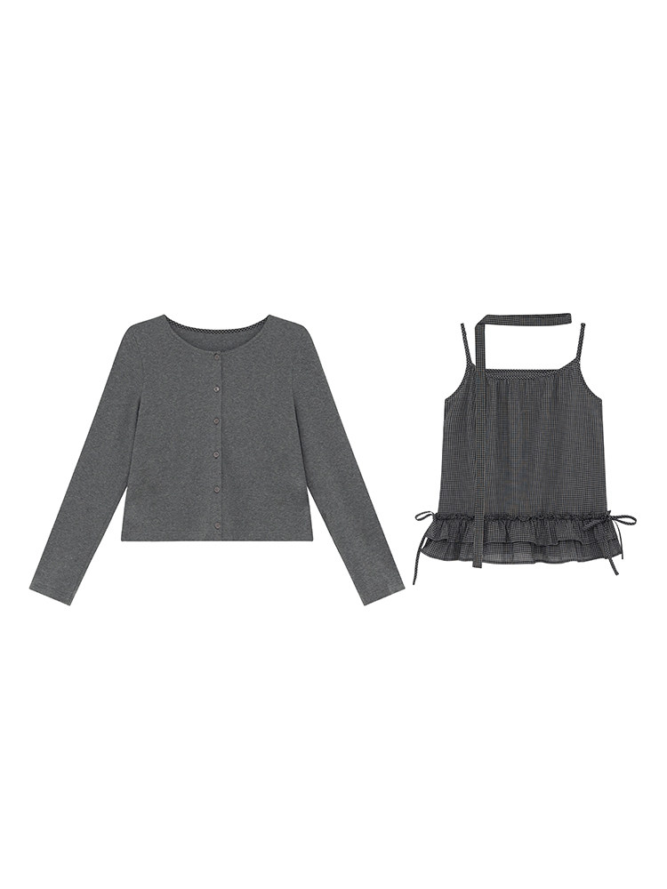 Gray long-sleeve cardigan and matching ruffled camisole laid flat on a white background