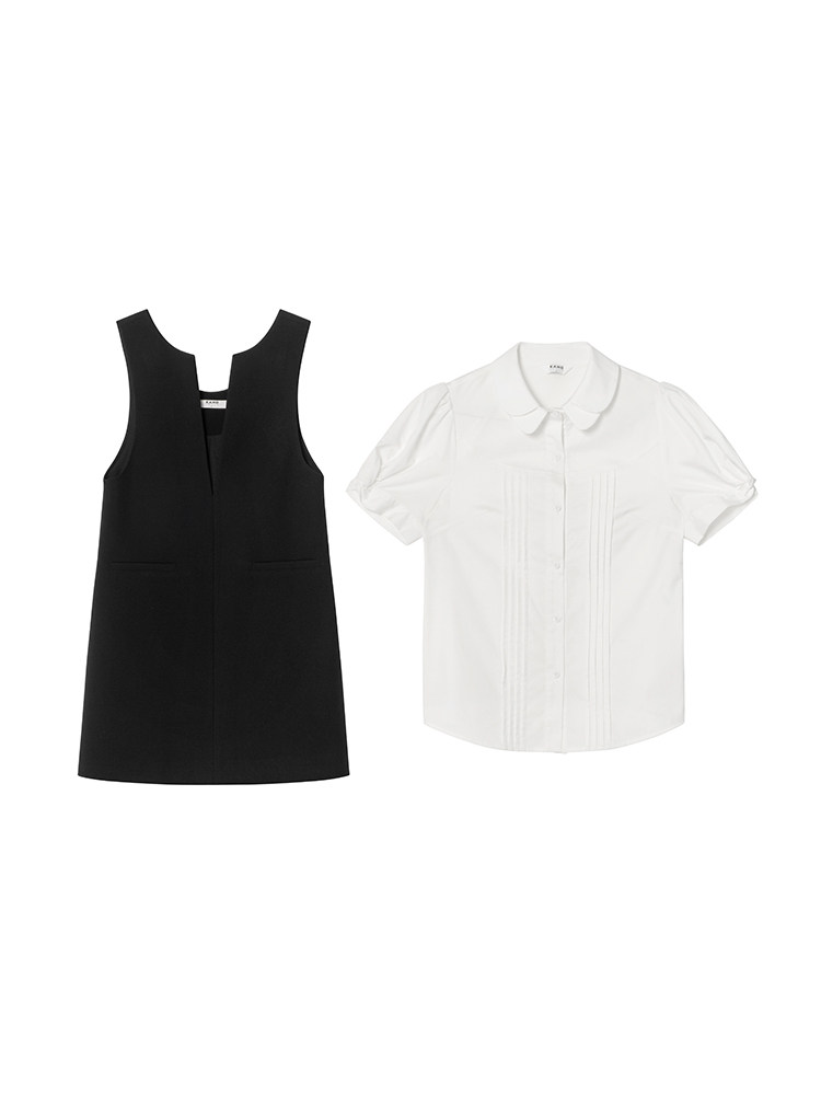 Black sleeveless dress and white short-sleeve blouse laid flat on a white background