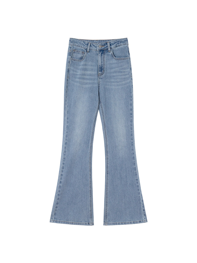 Light blue flared denim jeans on a white background