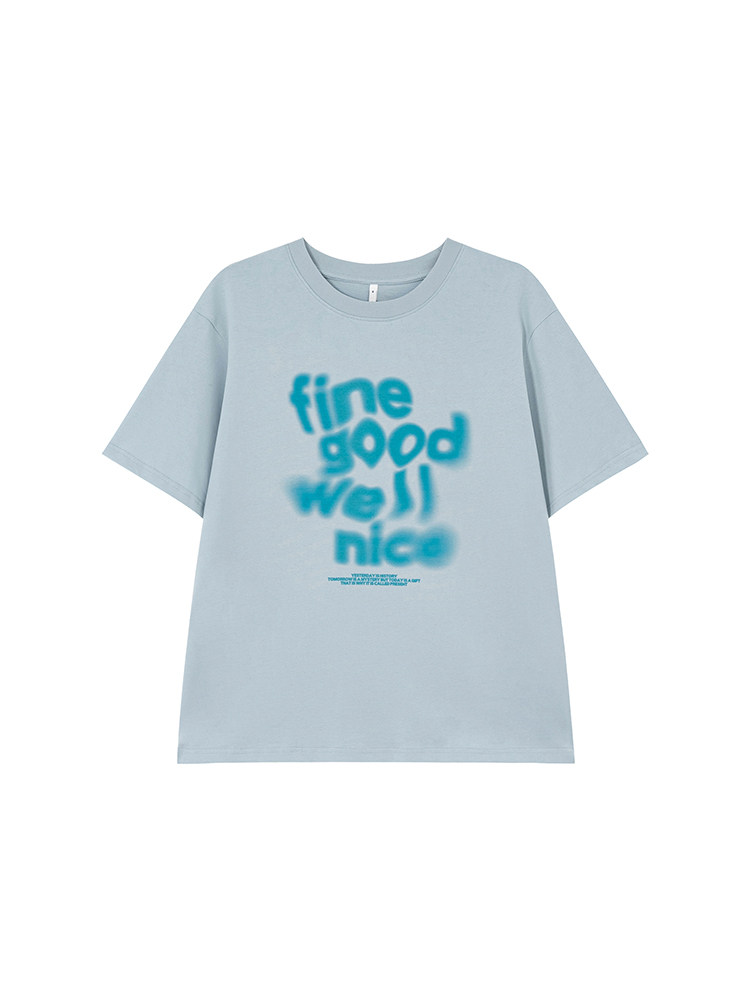 Light blue graphic T-shirt laid flat on a white background