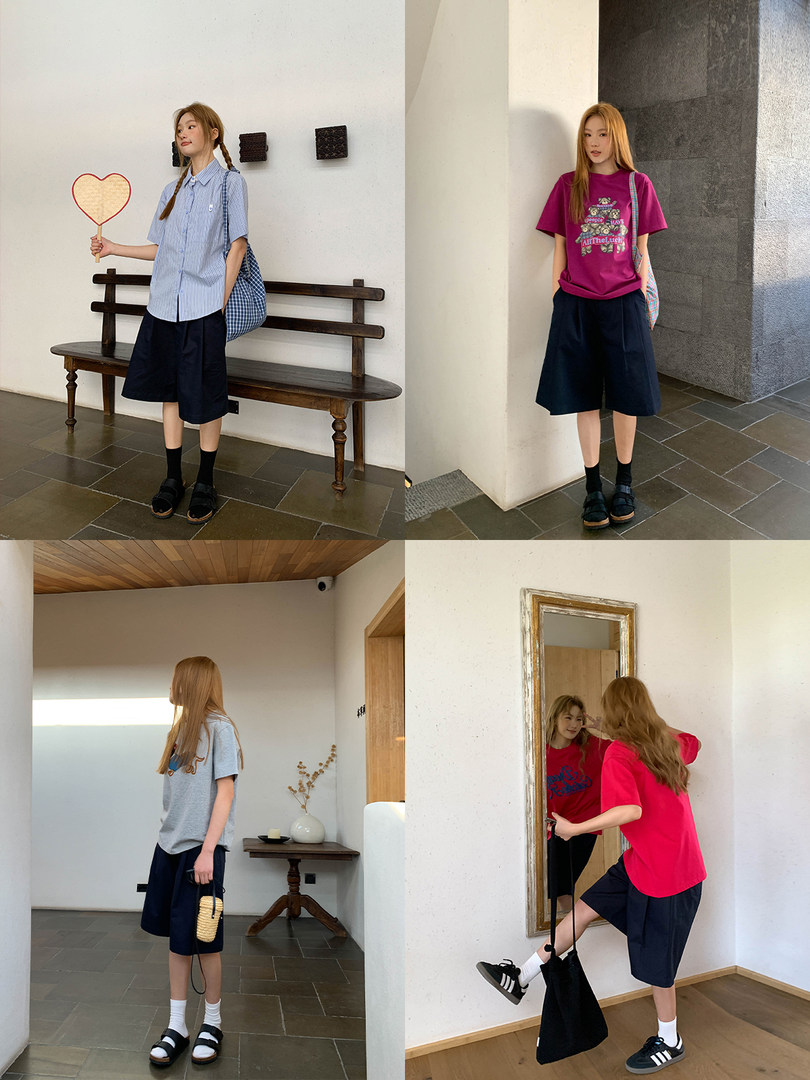 Collage of models wearing casual oversized T-shirts with navy shorts and socks indoors