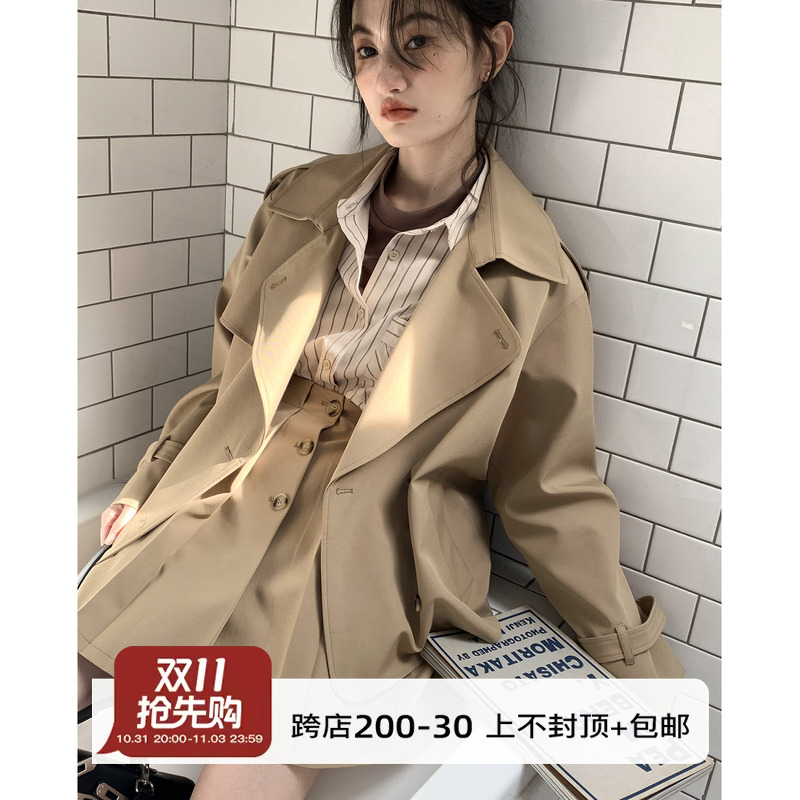 你好卡农 大翻领短风衣高腰半身裙套装女宽松外套a字百褶裙两件套