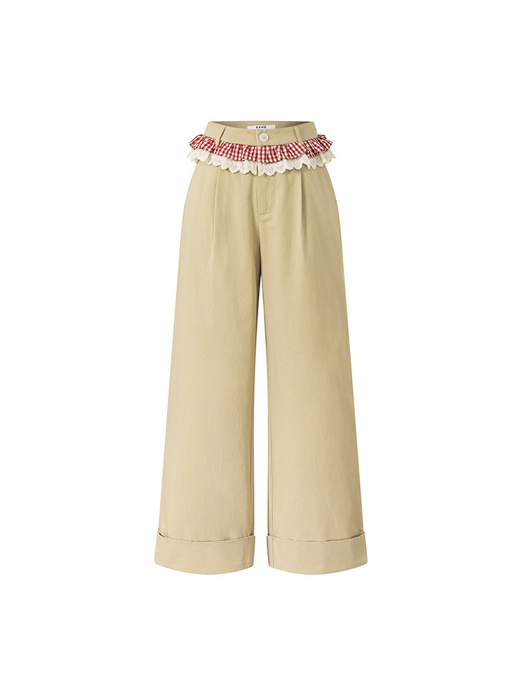 Beige wide-leg pants with gingham ruffle waistband on white background