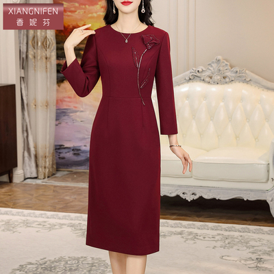 香妮芬圆领高端喜婆婆礼服2025新款秋冬年轻气质妈妈连衣裙女修身