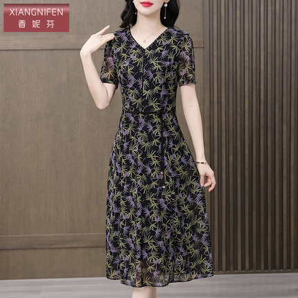 香妮芬高端中年妈妈连衣裙女2026新款夏季洋气v领收腰显瘦短袖裙