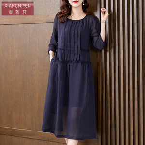 香妮芬高端苎麻连衣裙女2026新款春季高贵优雅妈妈宽松大码休闲裙