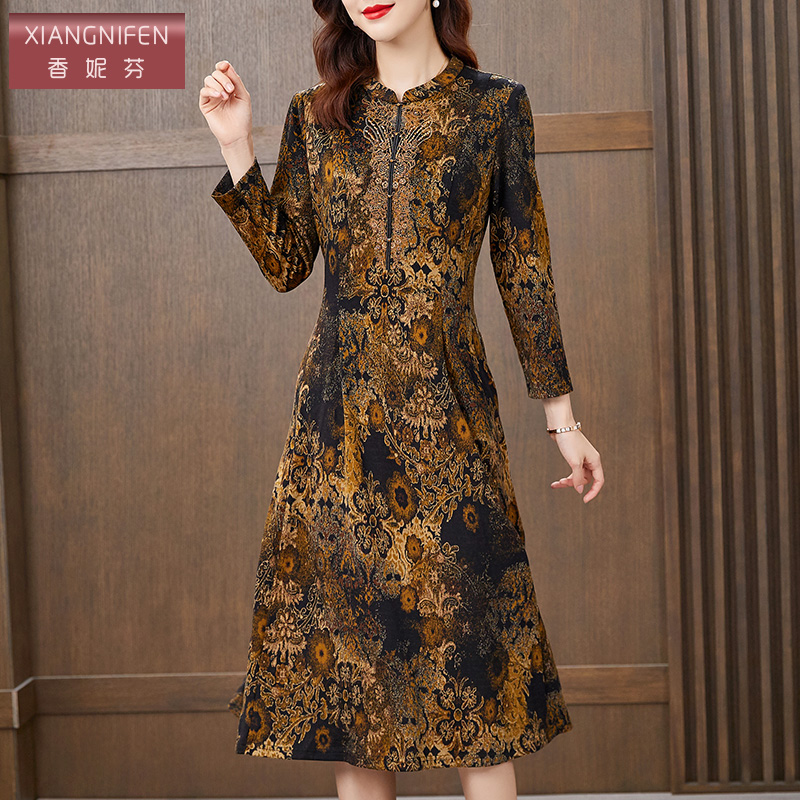 香妮芬高贵优雅气质中年妈妈连衣裙女2025新款秋季高端洋气羊绒裙