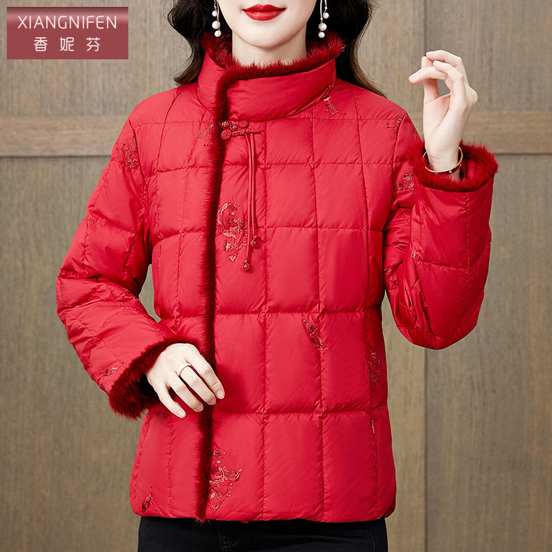 香妮芬红色中国风高端气质白鹅绒羽绒服女2026冬季新款水貂毛立领