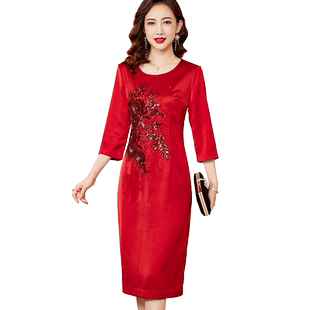 香妮芬高端精致刺绣钉珠妈妈婚庆礼服连衣裙2026新款喜婆婆婚宴装