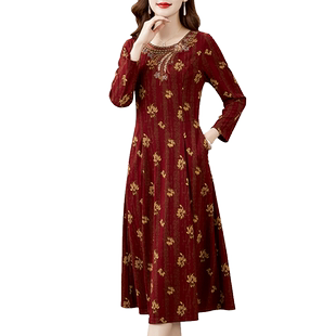 香妮芬刺绣绣花羊绒复古气质中年妈妈连衣裙女2025新款秋季中长款