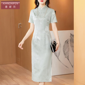 香妮芬高端醋酸钉珠妈妈婚宴礼服连衣裙2026新款年轻喜婆婆宴会装