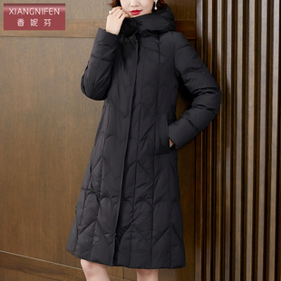 黑色连帽中长款过膝白鸭绒羽绒服女2025新款冬季高端显瘦气质外套