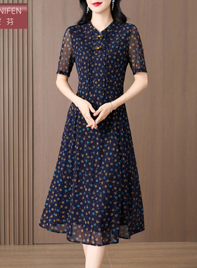 香妮芬高档弹力台湾纱波点气质妈妈连衣裙2026夏季新款贵妇人长裙