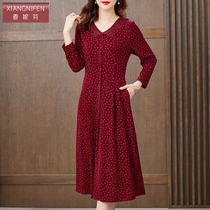 香妮芬红色娃娃领休闲妈妈连衣裙高贵2026新款春季修身收腰中长款