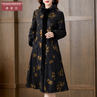 冬季 2026新款 绵羊皮水貂毛领皮草保暖外套女 过膝装 高端气质中长款