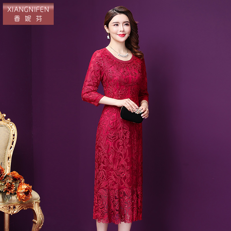 香妮芬秋季2025新款修身名媛聚会妈妈婚宴晚礼服女装蕾丝连衣裙女