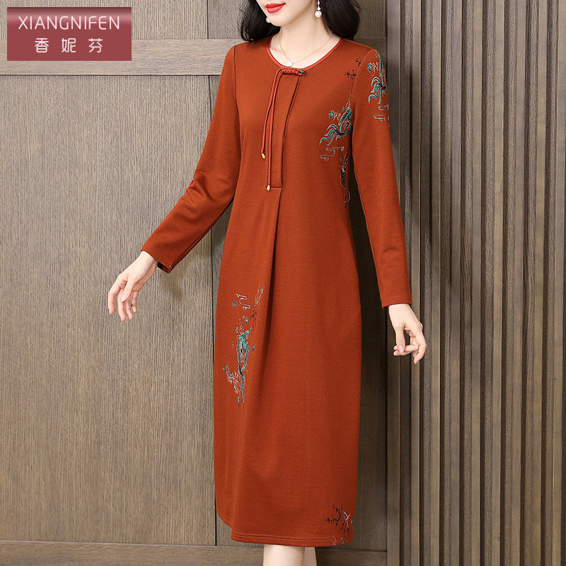 香妮芬高档新中式系带收腰印花长袖连衣裙2025秋季新款气质妈妈裙,女装/女士精品,连衣裙,淘宝优惠券,粉丝福利购,淘宝优惠卷