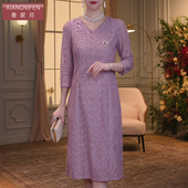 香妮芬高端遮肚子显瘦中年妈妈连衣裙2025新款 夏装 蕾丝洋气V领裙