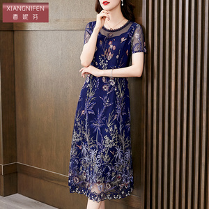 香妮芬刺绣高端洋气中年妈妈连衣裙2026新款夏季收腰显瘦网纱裙子