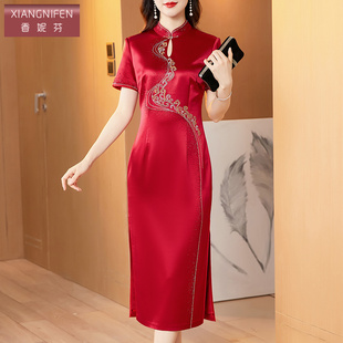 醋酸面料丈母娘敬酒礼服 夏季 香妮芬喜婆婆婚宴装 改良旗袍2025新款