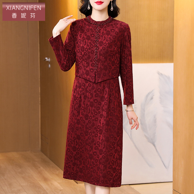 香妮芬红色优雅气质圆领长袖妈妈连衣裙女2025夏季新款小个子长裙