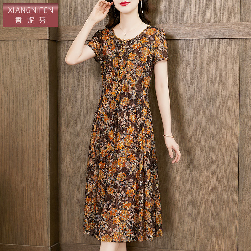 香妮芬高端奢华大牌中年妈妈台湾纱连衣裙2023新款夏季遮肚子裙子