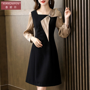 香妮芬高端精致拼接设计法式 别致中长裙 气质连衣裙女2026春秋新款
