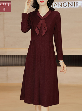 香妮芬高级感设计领结洋气妈妈连衣裙女2026新款春秋收腰红色裙子