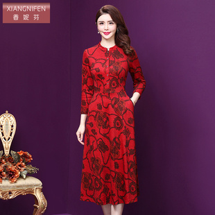 香妮芬2026春秋新款中年妈妈连衣裙韩版贵夫人羊绒中长款高贵裙子