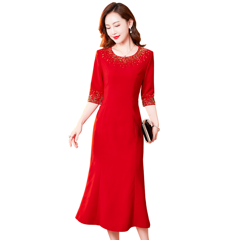 香妮芬醋酸钉珠高端大气妈妈婚宴礼服2025新款春夏收腰显瘦连衣裙