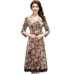 特价2025秋季新款中年妈妈装丝绒印花拼接系绳腰带连衣裙女大摆裙