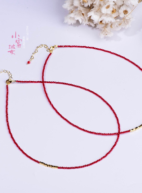 一条红绳红色水晶锁骨链女镀金碎金轻奢小众转运金珠细锁骨链显白