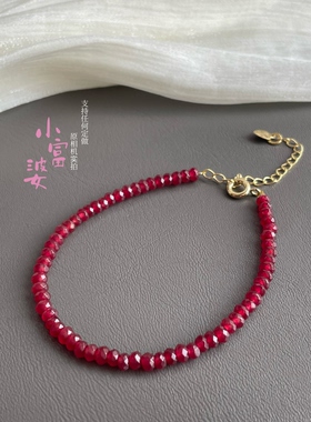 高级红色手链算盘刻面珠鸽血红宝石色玉髓老烧平替手链手串礼物