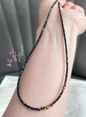 超经典项链坠叠戴项链天然黑尖晶小方块虎眼石切面女款锁骨链高级