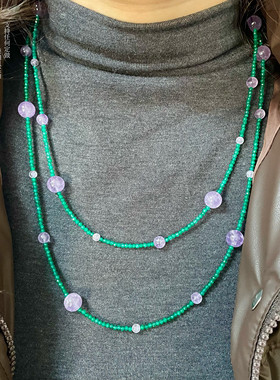 天然紫色星球祖母绿项链长款多层紫水晶薰衣草女款毛衣链搭配叠戴