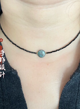 天然深海珍珠炫彩贝母圆珠扁片黑尖晶锁骨链女超子炫彩颈链少女款