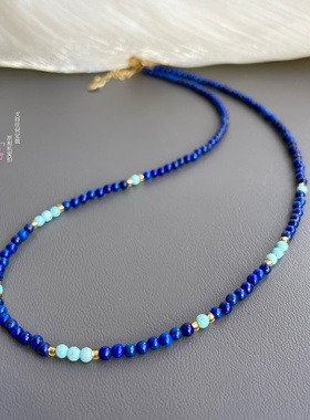 青金石项链女阿富汗青金石蓝色水晶玉石散珠绿松石锁骨链吊坠颈链