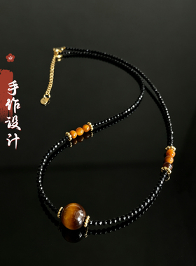 天然虎眼石项链新中式黑色尖晶石轻奢复古小众美拉德风锁骨链百搭