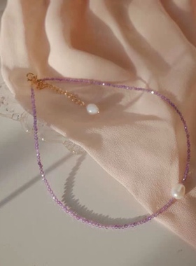 原创手作法式复古紫色锆石水晶巴洛克珍珠手工锁骨链项链choker