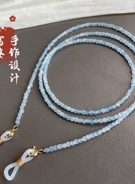 高级蓝色方糖长项链海蓝宝女夏季眼镜链毛衣链叠戴锁骨耳机防丢链