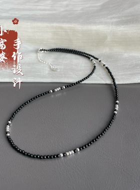 黑尖晶小米珠项链黑色水晶高级感锁骨链超细切面串珠叠戴颈饰简约
