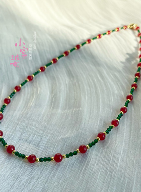 新中式红玉髓绿色水晶项链女款锁骨链轻奢小众设计感高级气质颈链