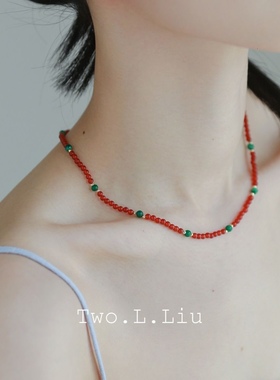 高级感轻奢红色项链女玉髓玛瑙玉石中式国潮超细个性显白锁骨链